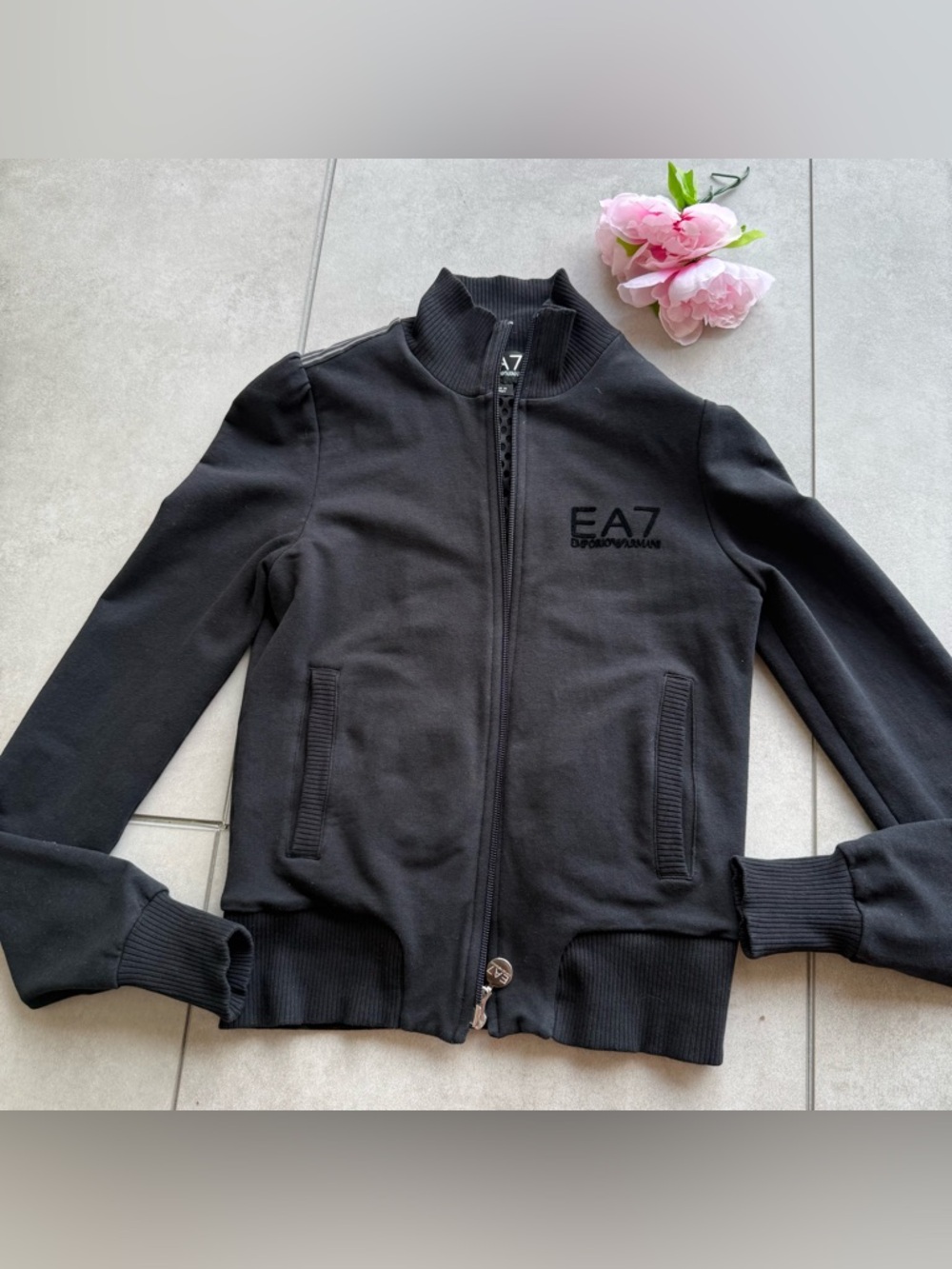 Emporio Armani Black Zip-Up Jacket XXS logo long sleeve mock neck lined stretch